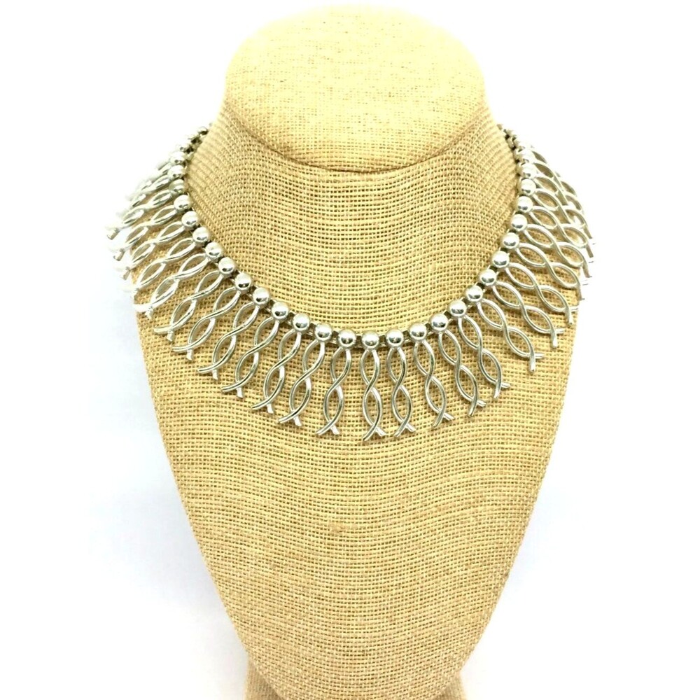 VINTAGE CORO Necklace Cleopatra Silver Tone Collar Egyptian Revival Fringe Bib